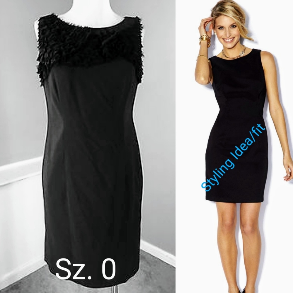 Ann Taylor Little Black Dress Solid Black Ruffled Bodice Rosette Sz 0 XXS EUC